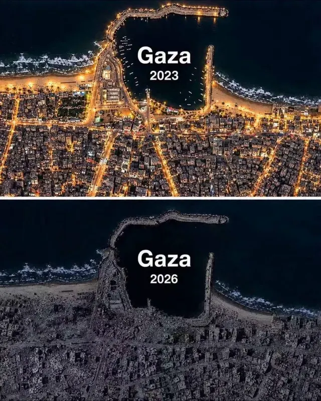 De haven van Gaza in 2023 vergeleken met 2026, nadat Israëlische luchtaanvallen de stad Gaza volledig hadden verwoest, met name de haven, de kenmerkende maritieme bestemming in de sector.
